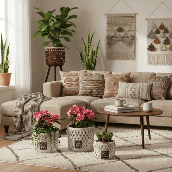 مجموعة أصص بيضاء بتصميم شبكي مزينة بخرز