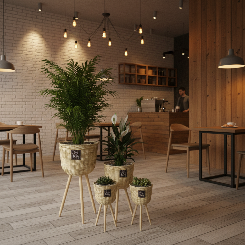 مجموعة أصص خشبية باللون البني على أرجل - 3 قطع