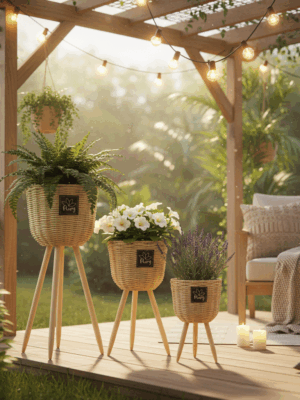 مجموعة أصص خشبية باللون البني على أرجل - 3 قطع