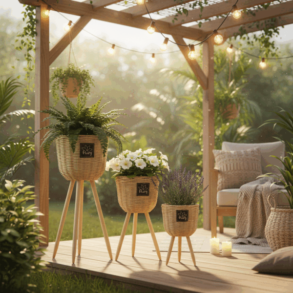 مجموعة أصص خشبية باللون البني على أرجل - 3 قطع