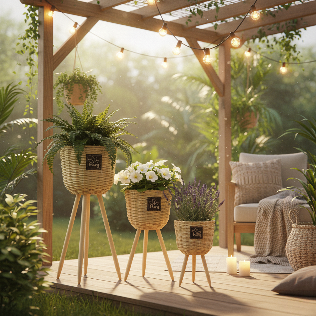 مجموعة أصص خشبية باللون البني على أرجل - 3 قطع