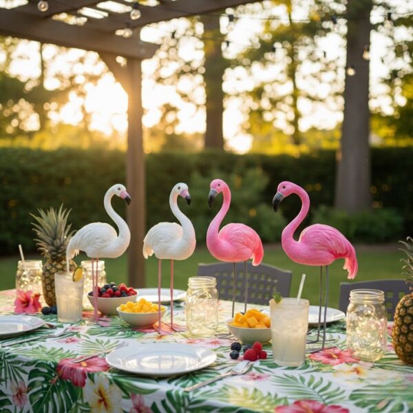 مجموعة مجسمات طيور فلامنجو باللونين الأبيض والوردي - ديكور للحديقة