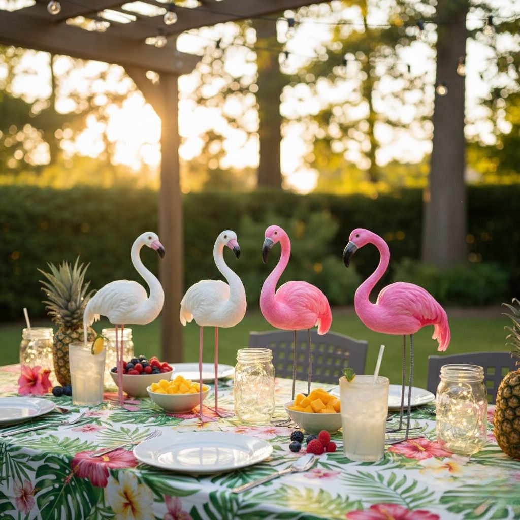 مجموعة مجسمات طيور فلامنجو باللونين الأبيض والوردي - ديكور للحديقة