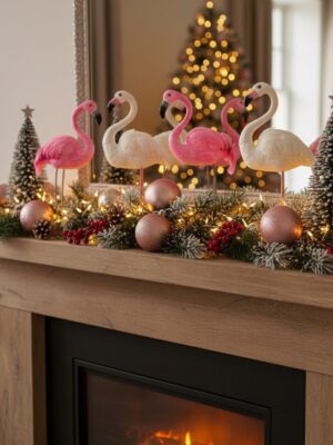 مجموعة مجسمات طيور فلامنجو باللونين الأبيض والوردي - ديكور للحديقة