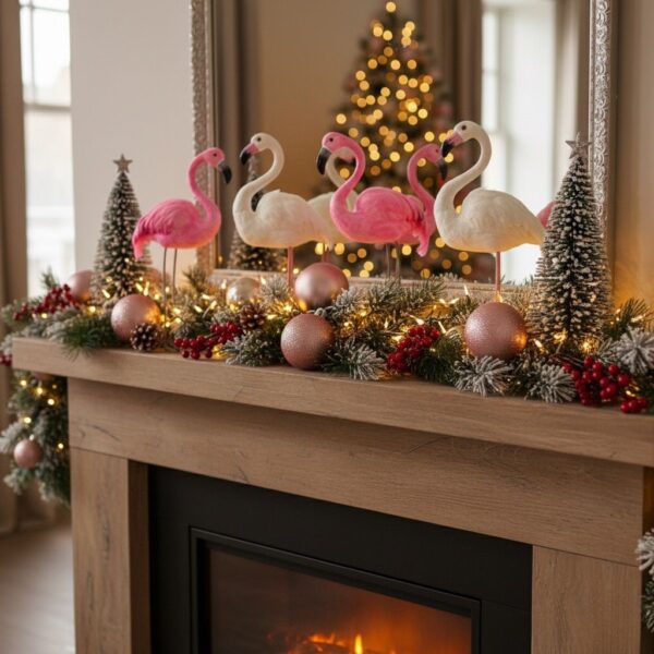 مجموعة مجسمات طيور فلامنجو باللونين الأبيض والوردي - ديكور للحديقة