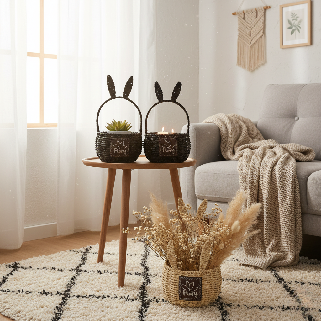 مجموعة سلال قش بتصميم أذن أرنب - 3 قطع