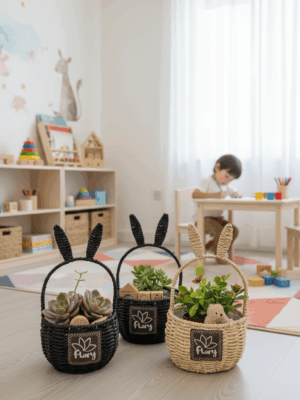 مجموعة سلال قش بتصميم أذن أرنب - 3 قطع