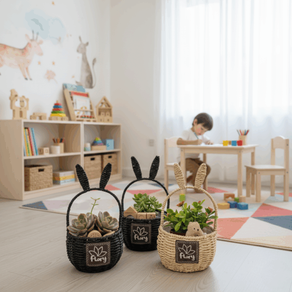 مجموعة سلال قش بتصميم أذن أرنب - 3 قطع