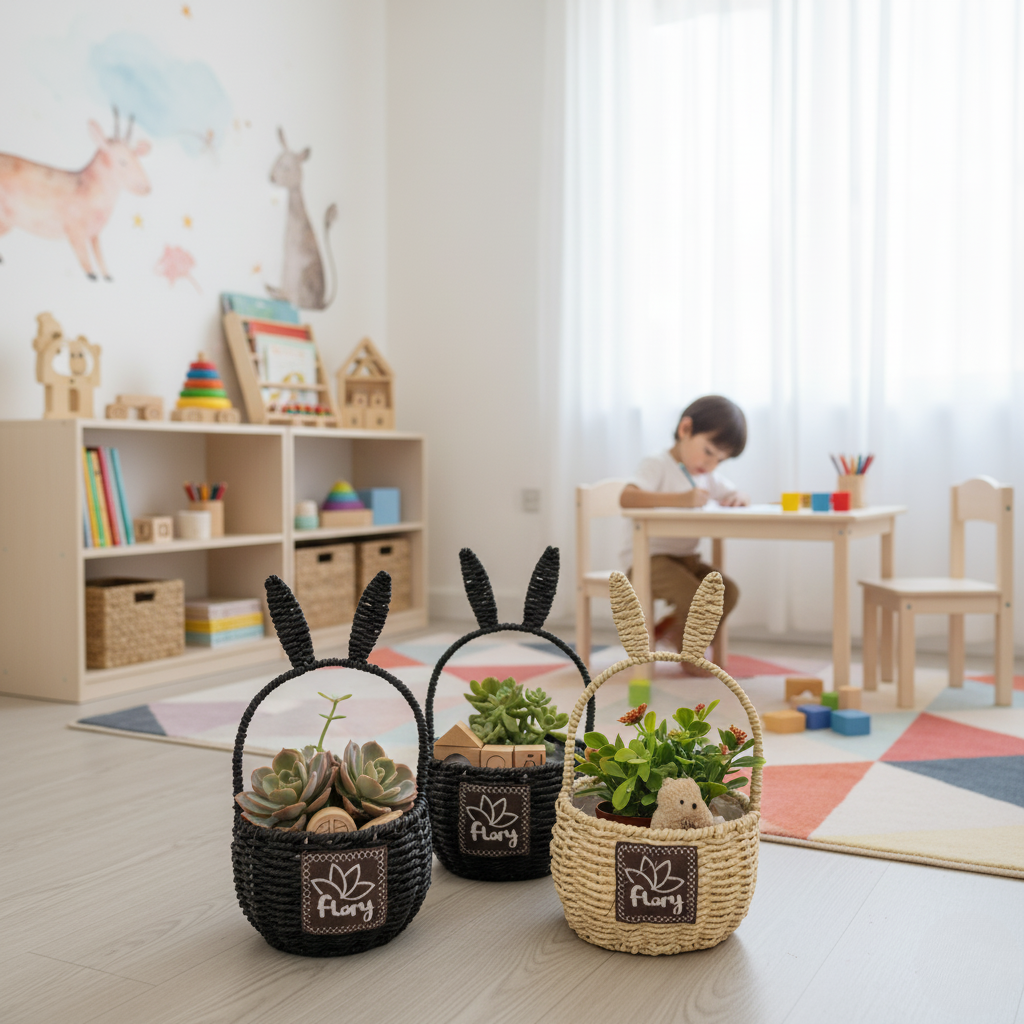 مجموعة سلال قش بتصميم أذن أرنب - 3 قطع