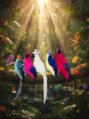 تماثيل ببغاوات ملونة للزينة على مجسم