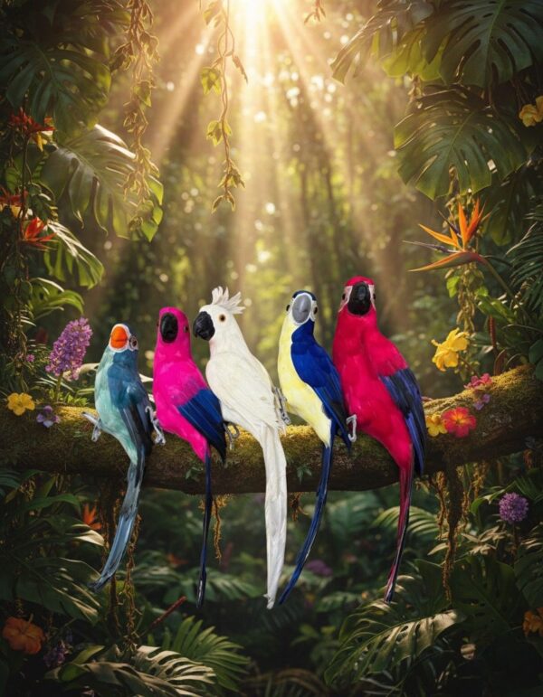 تماثيل ببغاوات ملونة للزينة على مجسم