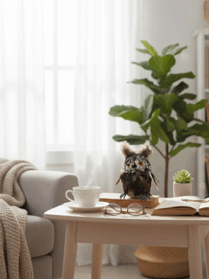 تمثال بومة بني من الفرو مع خصلات شعر