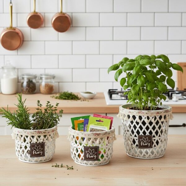 مجموعة أصص بيضاء بتصميم شبكي مزينة بخرز